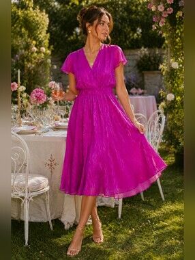 Vintage 80s Pavillion 100% Silk Fuchsia Pink Fit & Flare Midi Dress